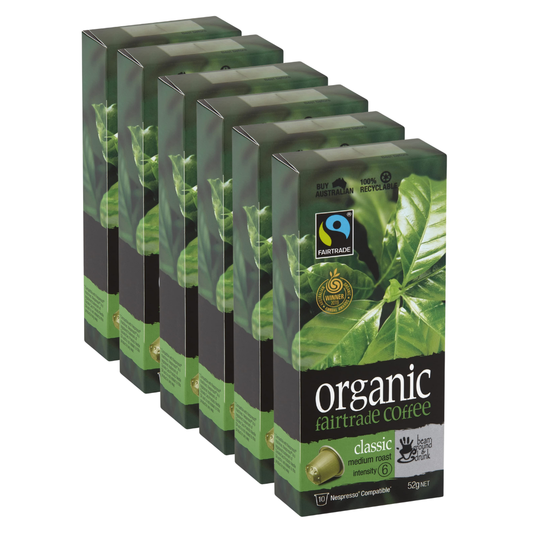 bean ground & drunk carton Classic Organic Fairtrade aluminium coffee 60 capsules