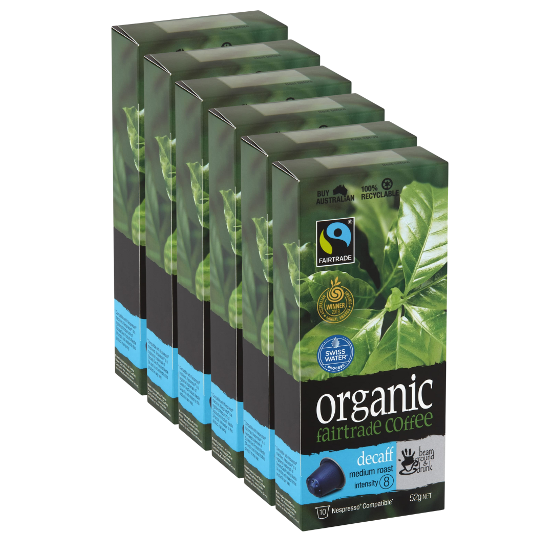 bean ground & drunk carton Decaff Organic Fairtrade aluminium coffee 60 Capsules