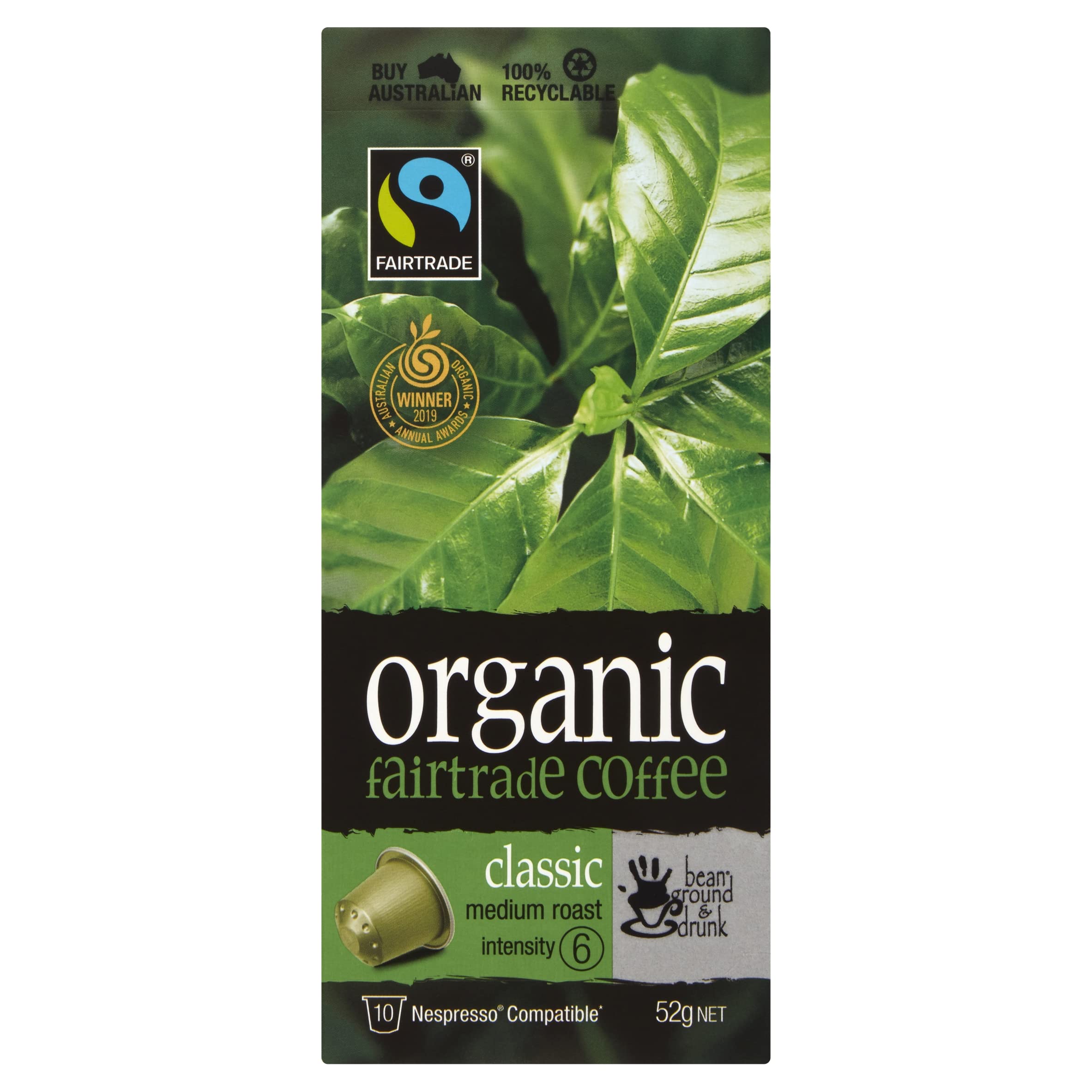 bean ground & drunk carton Classic Organic Fairtrade aluminium coffee 60 capsules