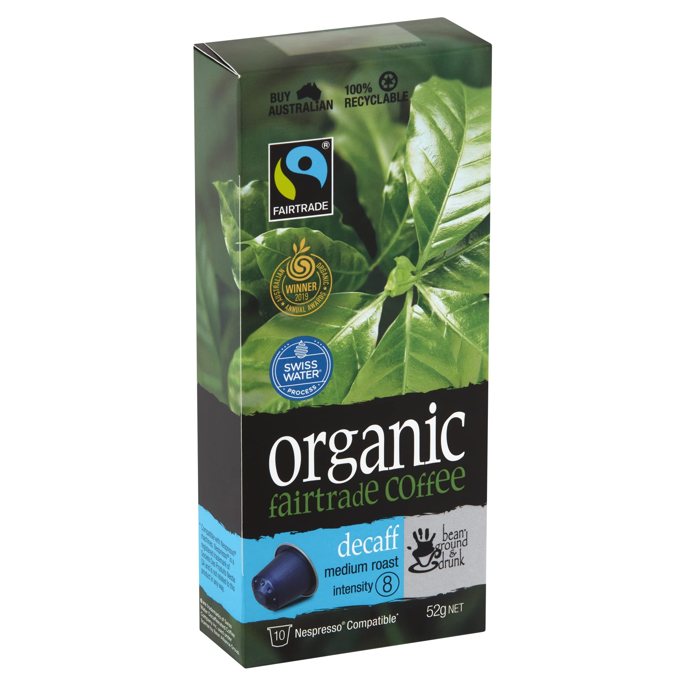 bean ground & drunk carton Decaff Organic Fairtrade aluminium coffee 60 Capsules