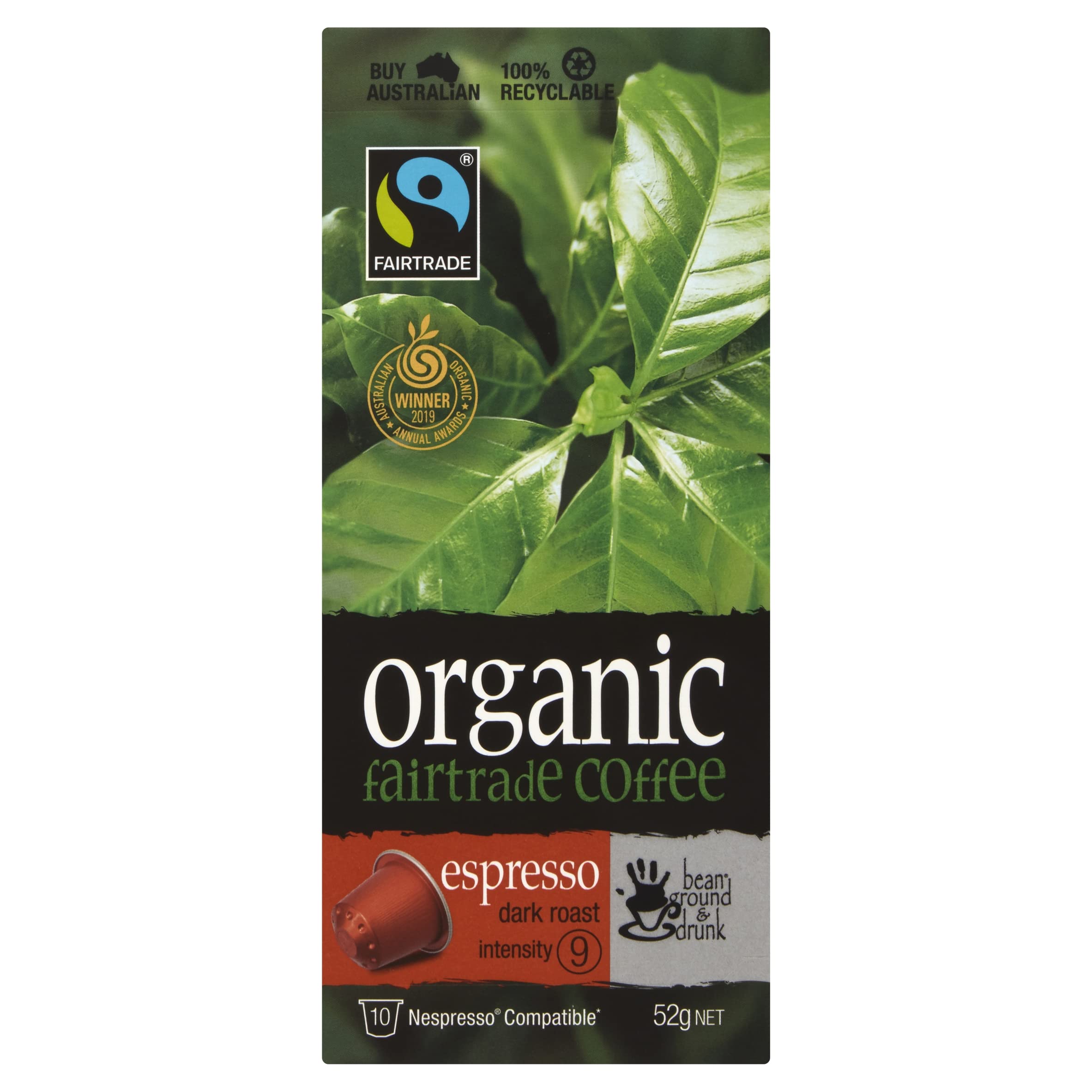 bean ground & drunk carton Espresso Organic & Fairtrade aluminium coffee capsules (60 capsules)