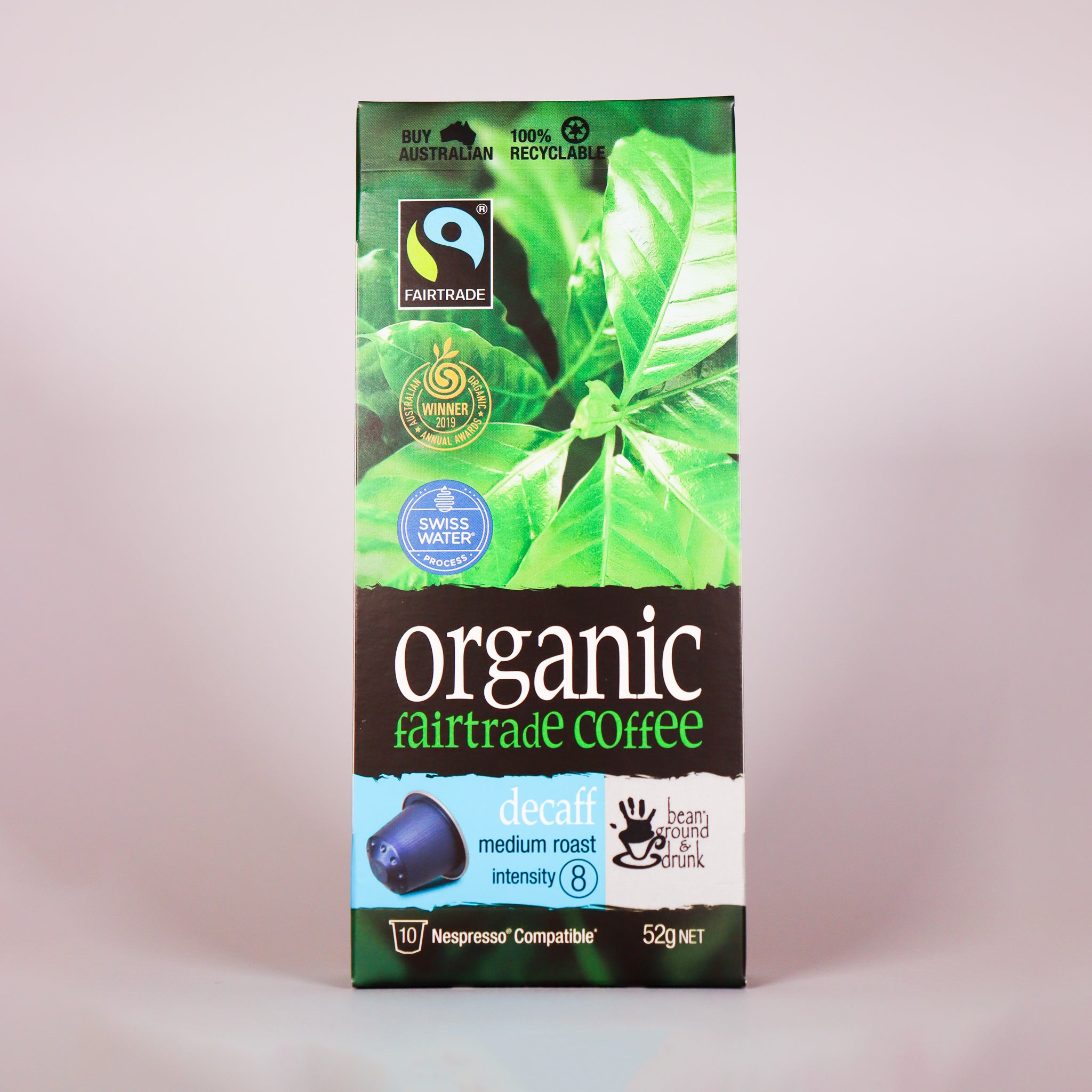 bean ground & drunk Organic Decaff Fairtrade Coffee  aluminium Capsules 10pk