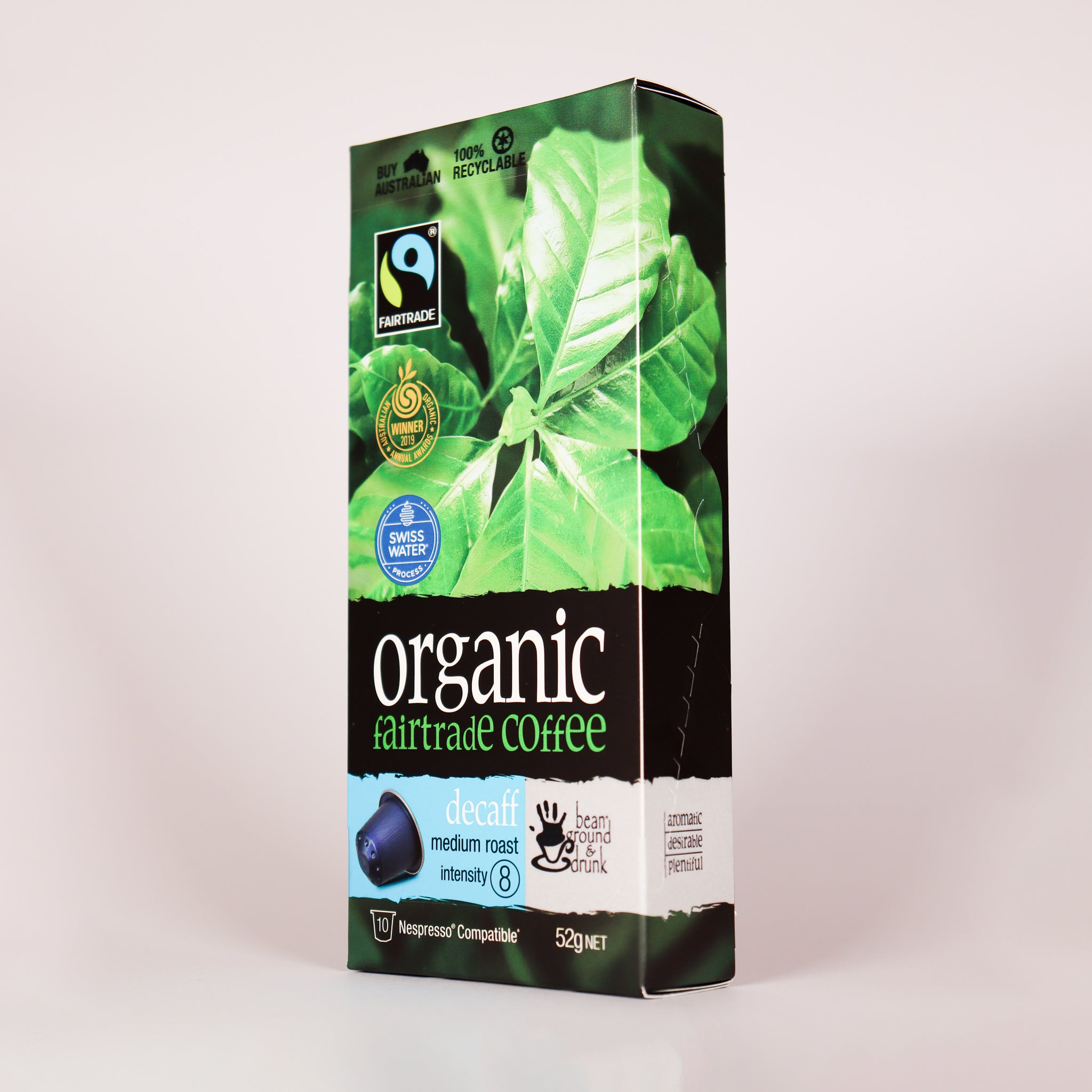 bean ground & drunk Decaff Organic Fairtrade Coffee  aluminium Capsules 10pk